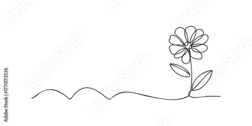Single Line Drawing of a Blooming Flower and Ground