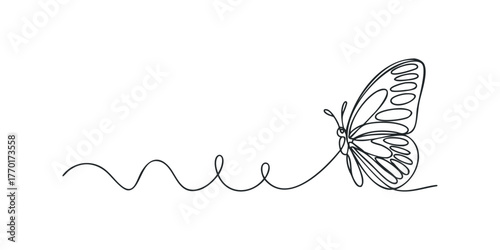 Single line drawing of a butterfly with flowing path