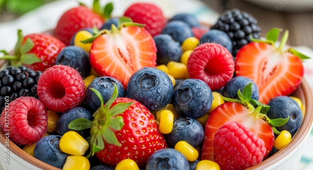 Obraz premium Assorted Berry and Corn Delight - A vibrant bowl of mixed berries and sweet corn, symbolizing abundance, summer, freshness, health, and simple joy