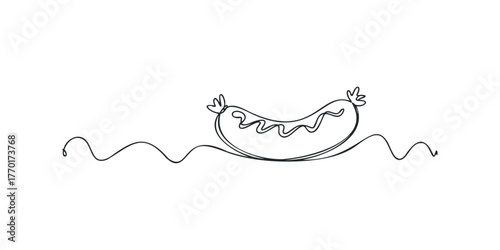 Single Line Drawing of Sausage with Condiment Swirl