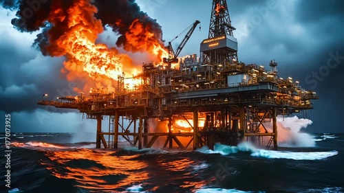 An oil rig in the middle of the ocean with a large fire coming out of it
