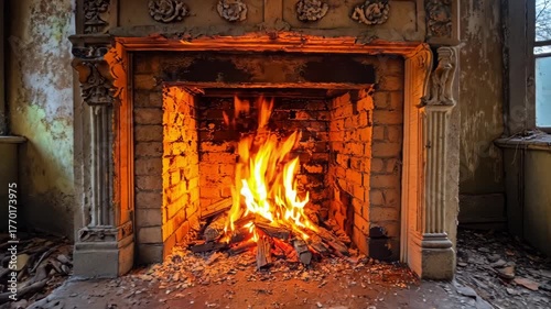 A fire burns in an abandoned building with a brick fireplace