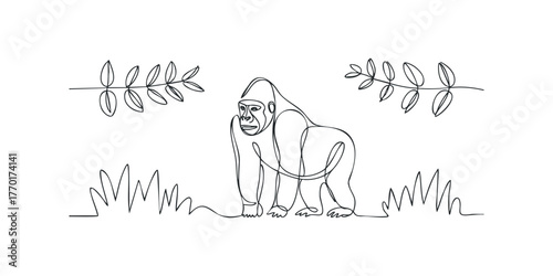 Single line drawing of a gorilla standing in grass with branches