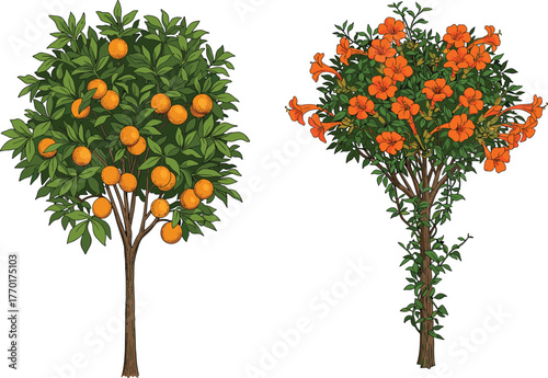 Orange fruit tree with ripe fruits, flowering tree with trumpet blossoms, botanical vector illustration, gardening and horticulture artwork, cultural heritage design