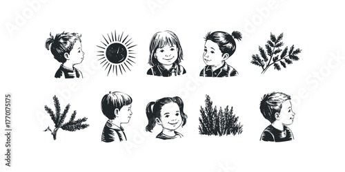 Group of Children and Natural Elements in Sketch Style