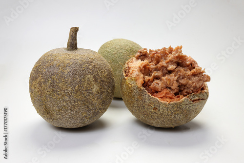 Hard shelled rare exotic fruit sour tangi wood apple kod bel on white background