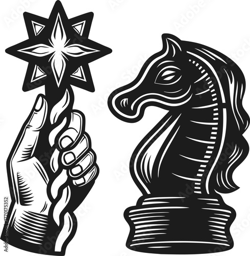 Hand holding star symbol with chess knight head leadership, vision, decision making, strategy, courage, guidance concept