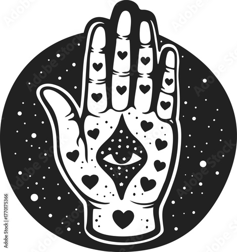 Mystical hand with hearts and eye symbol, black and white illustration spirituality, protection, love, cosmic energy motif