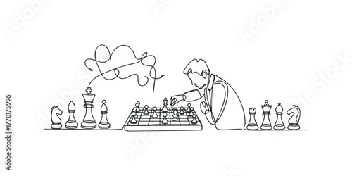 Man contemplates chess game with abstract thought above head