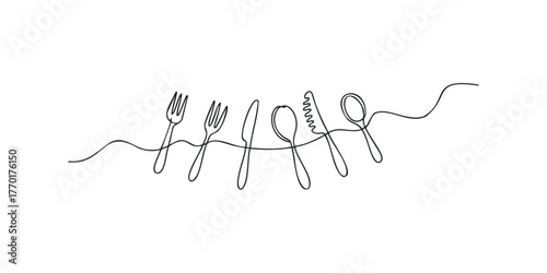 Continuous line drawing of cutlery and utensils
