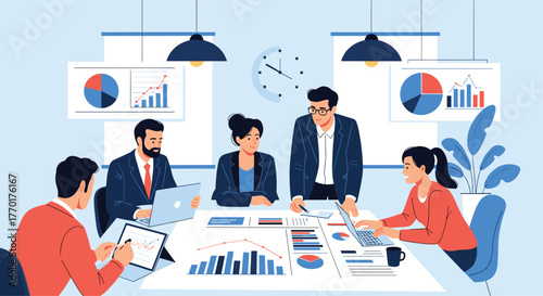 Business professionals collaborating in a meeting room, analyzing data, charts, and graphs for strategic planning and decision-making.
