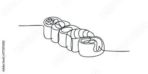 Continuous line drawing of sushi rolls on white background