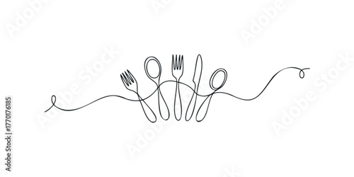 Single line drawing of cutlery set with ornate flourishes