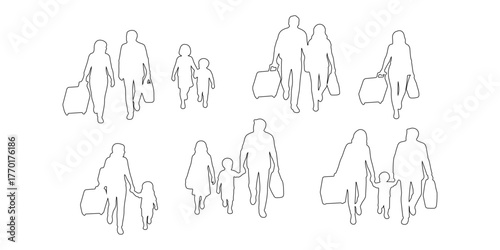 CAD Drawings. Top view of outline families and solo travelers moving with carry on bags at airport isolated on white background. Vector illustration.