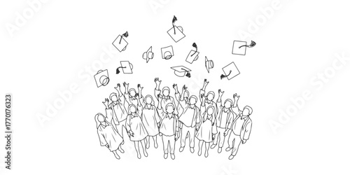 CAD Drawings. top view of students tossing caps in the air isolated on white background. Vector illustration.