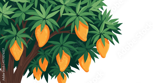 A vibrant and detailed illustration depicting a healthy mango tree laden with numerous ripe, orange-yellow fruits and lush green foliage.