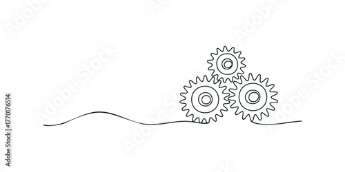 Three interconnected gears on a wavy line