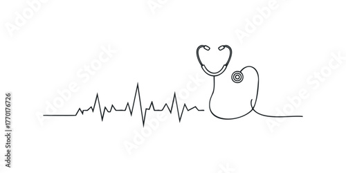 Stethoscope and EKG line on white background