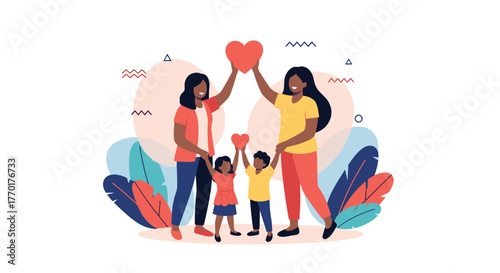 A loving Black lesbian couple and their two children stand together, holding red hearts in a vibrant, supportive family portrait.