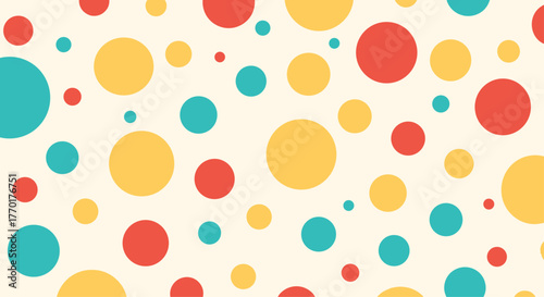 Colorful polka dots in red, yellow, and teal create a cheerful and whimsical seamless background pattern on an off-white surface.