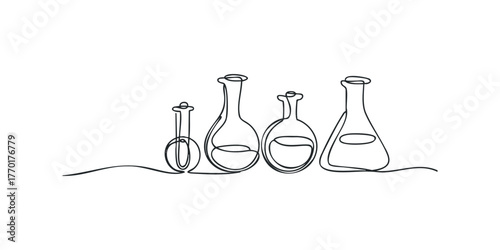 Line drawing of assorted laboratory flasks and beakers