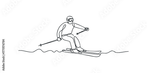 Single line drawing of a skier with poles and skis