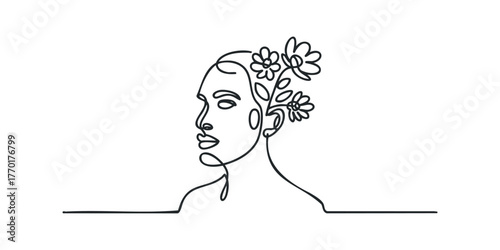 Line Drawing of Woman's Profile with Flowers