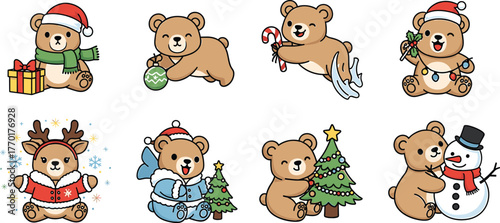 Cute cartoon bears in various Christmas themed poses and outfits Keywords: bear, christmas, santa hat, scarf, gift, present, ornament, candy cane, ice skates, holly, christmas lights, reindeer