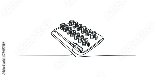 Continuous line drawing of blister pack with pills and cable