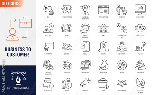 B2C line editable icon set. Business to consumer, e-commerce, digital marketing, customer experience, direct sales, customer service, retail, online store. Vector illustration