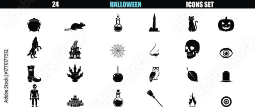 Collection of 24 halloween icons representing spooky symbols and scary creatures for holiday design
