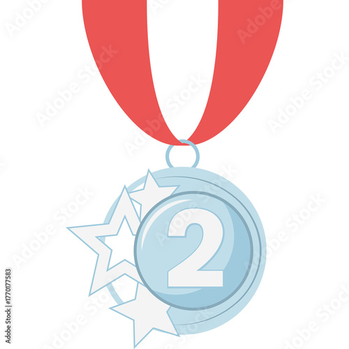 Silver Second Place Medal With Red Ribbon and Stars Against A White Background
