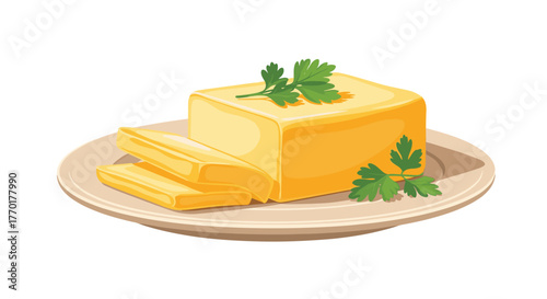 A stylized illustration of a block of yellow butter with two slices and fresh parsley, served on a light-colored plate.