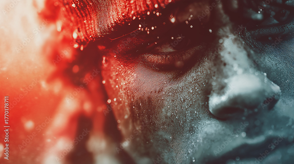 Fototapeta premium Close-up of an emotional athlete skyaking against urban backdrop at sunset, crying and smiling