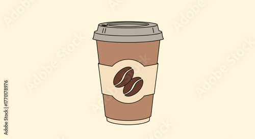 An illustrated brown disposable coffee cup with a grey lid and a beige sleeve featuring two coffee beans, set against a light cream background.