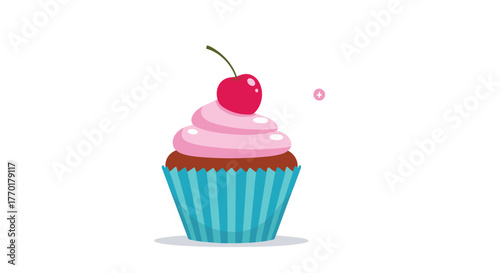 Delicious cartoon cupcake with vibrant pink frosting and a juicy red cherry, presented in a blue striped wrapper.
