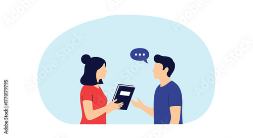 A woman holds a book or folder while discussing with a man, symbolizing collaboration, education, or an interview.