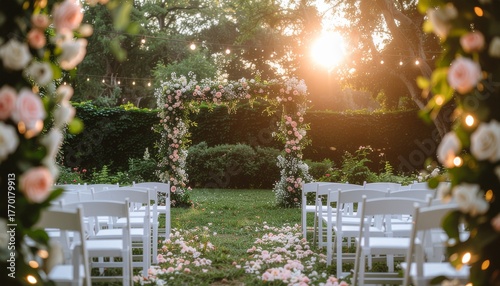 Romantic garden wedding aisle with white chairs, floral arch, and soft sunset lighting — a dreamy outdoor setup for a beautiful and intimate ceremony