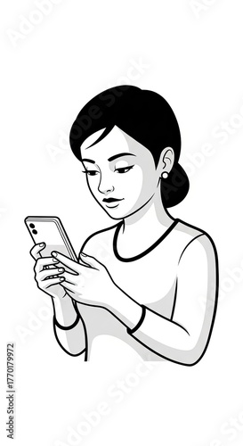 Illustration of a woman using a smartphone with focus.
