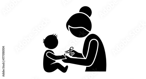 Mother Cutting Babys Nails A Simple Black and White Illustration.