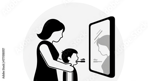 Mother helping child brush teeth in front of mirror.