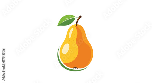 A vibrant illustration of a ripe yellow-orange pear with a fresh green leaf and stem, enhanced by a decorative green arc at the bottom.