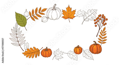 Hand-drawn autumn wreath with colorful leaves, pumpkins, and berries on a white background, perfect for fall designs.