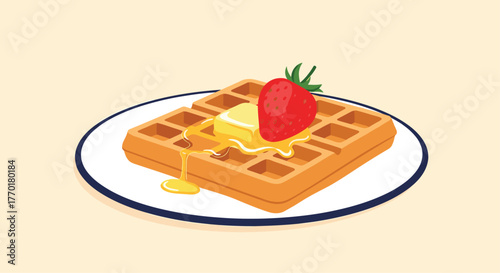 A warm, inviting breakfast waffle on a plate, garnished with a ripe red strawberry, melting butter, and sweet golden syrup, a delightful morning treat.