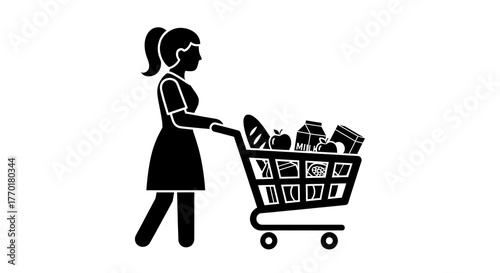Silhouette of a woman pushing a shopping cart full of groceries.