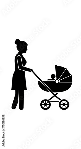 Silhouette of a woman pushing a baby stroller in a park.