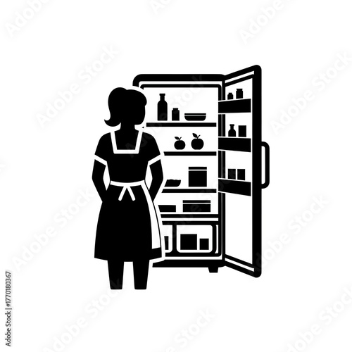 Silhouette of a woman standing in front of a refrigerator.