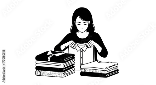Woman folding clothes with stacks of shirts on table.