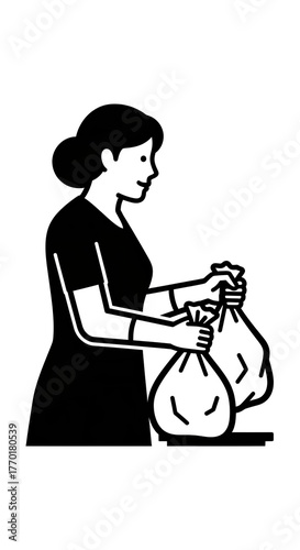 Woman carrying trash bags in a minimalist black and white illustration.