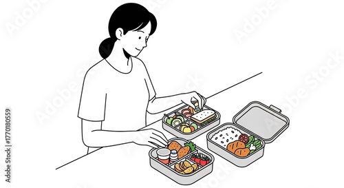 Woman packing healthy lunch boxes with various foods.